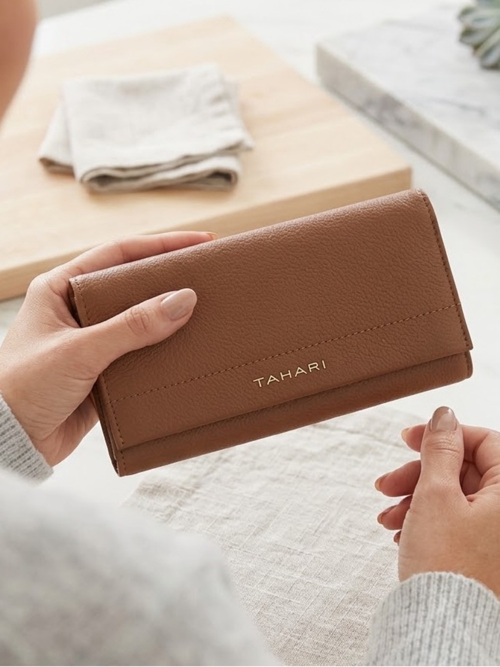 Tahari Women’s Pebbled Leather Wallet Wristlet – Cognac Brown